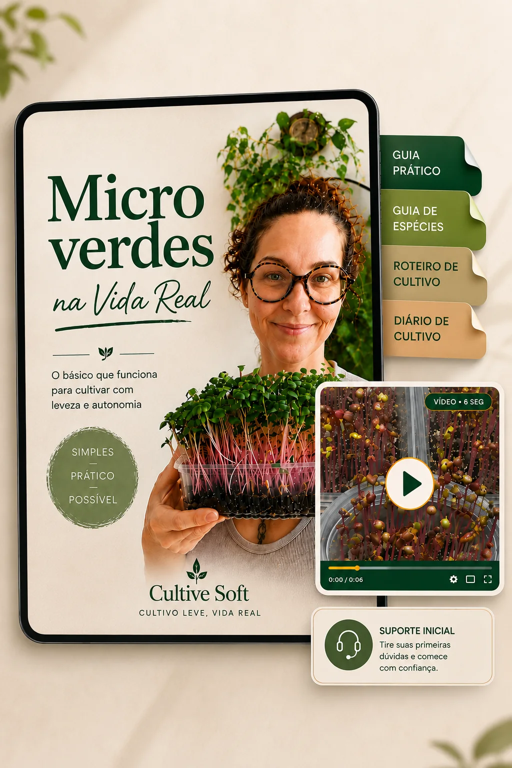 Microverdes na Vida Real: guia prático, guia de espécies, roteiro e diário de cultivo, videoaulas e suporte inicial