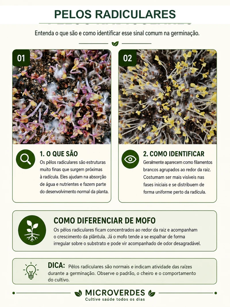 Página do guia explicando o que são pelos radiculares, como identificar e como diferenciar de mofo
